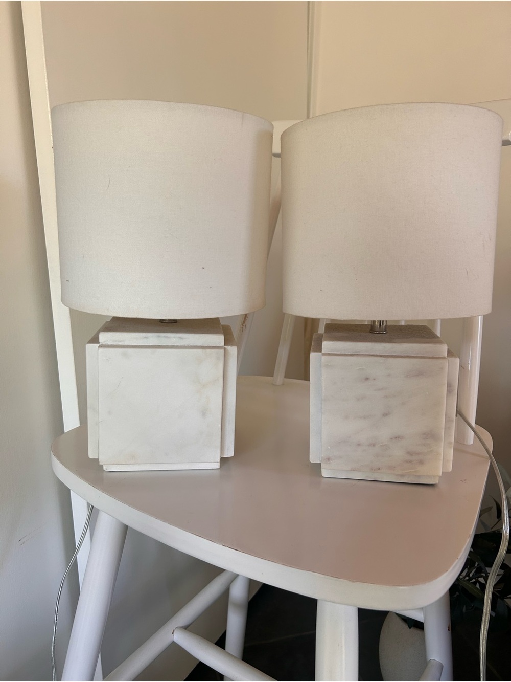 Pottery Barn White Marble Cube Table Lamps with White Shades - Pair